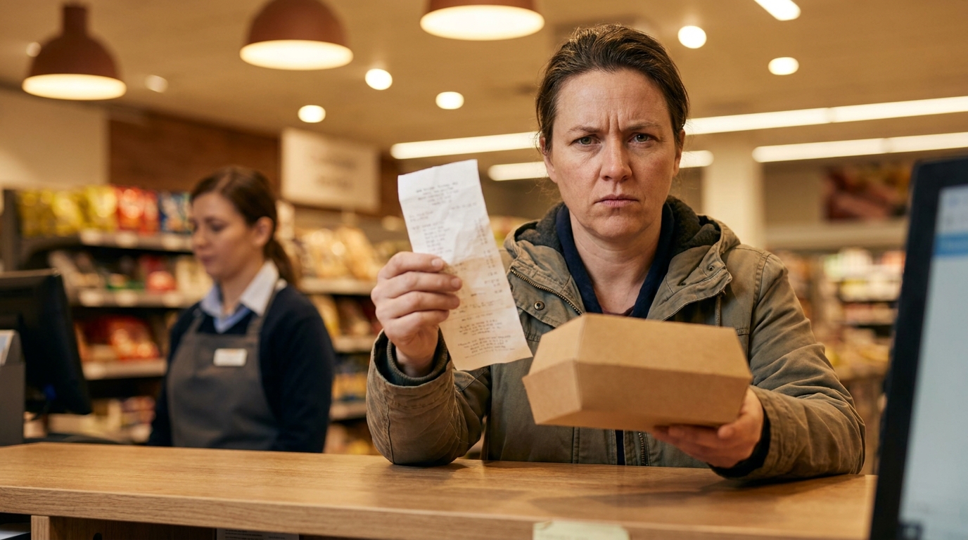 Personne au comptoir d'un service client avec un produit alimentaire