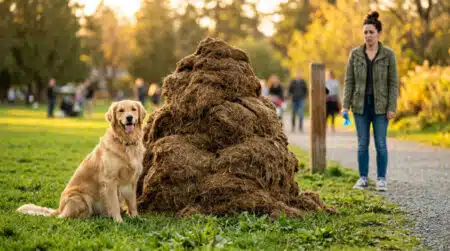Golden retriever assis à côté d'un tas de déjections dans un parc