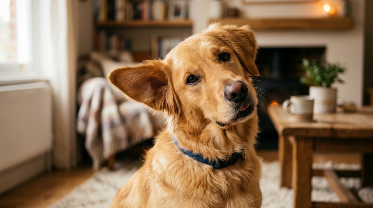 Golden retriever penchant la tête sur le côté