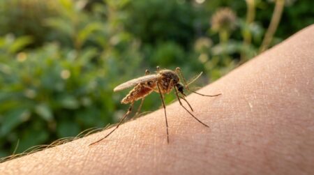 Gros plan d'un moustique posé sur un bras humain