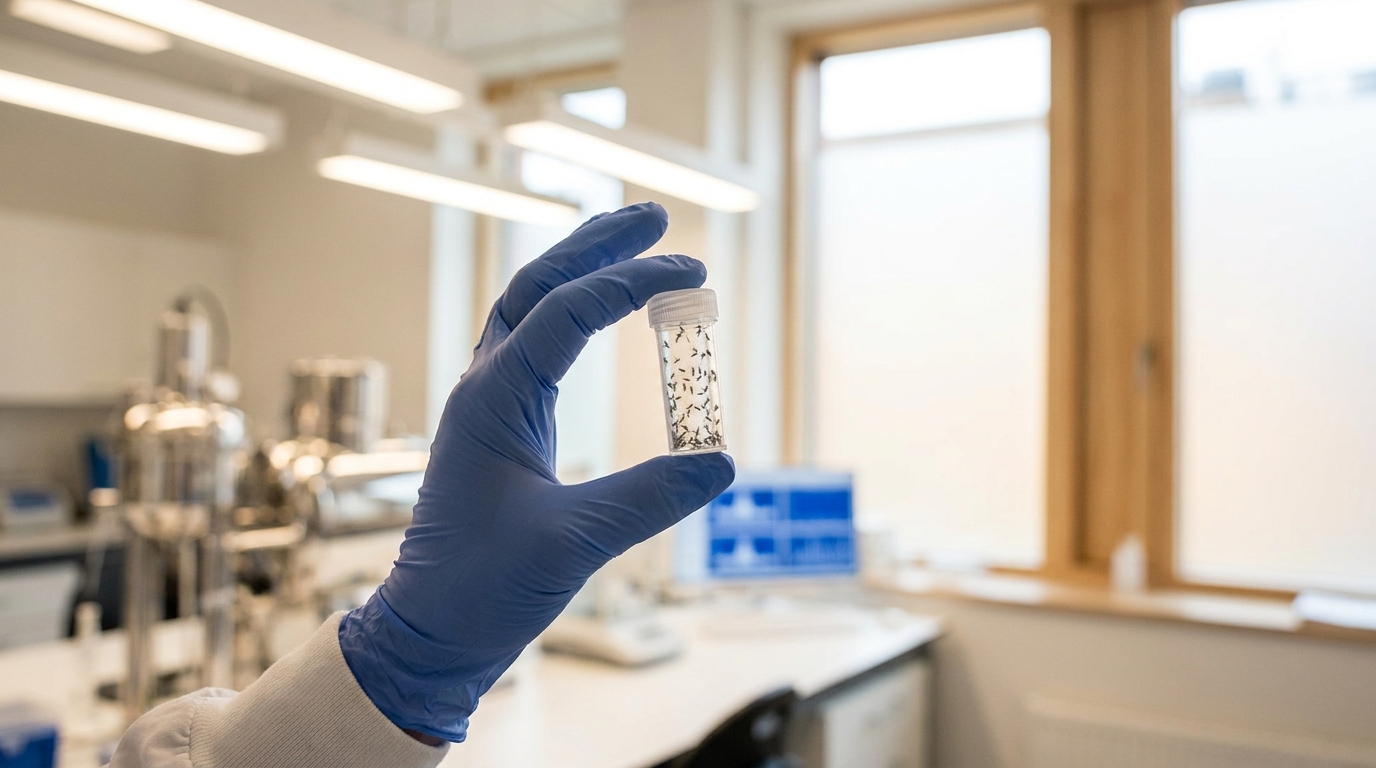 Main gantée tenant un tube de moustiques en laboratoire