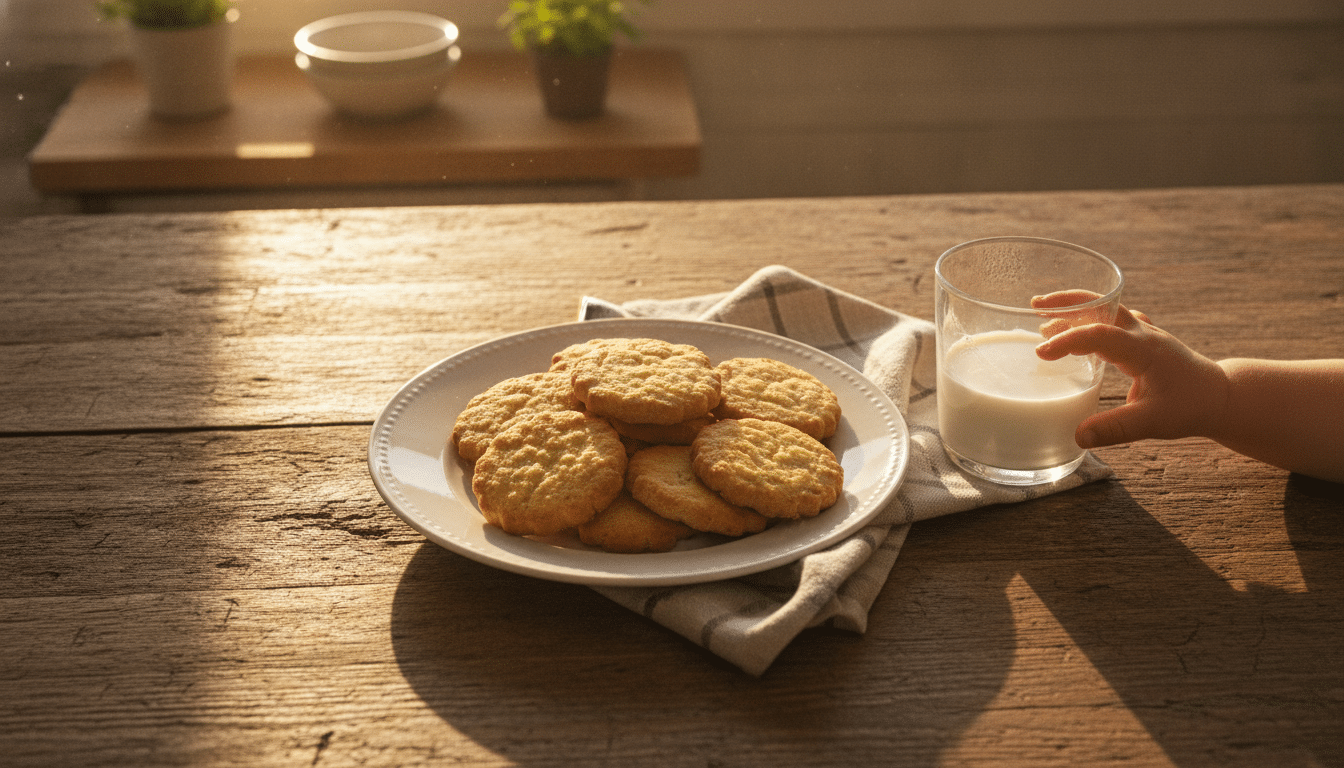 Biscuits secs pur beurre sur une assiette avec un verre de lait