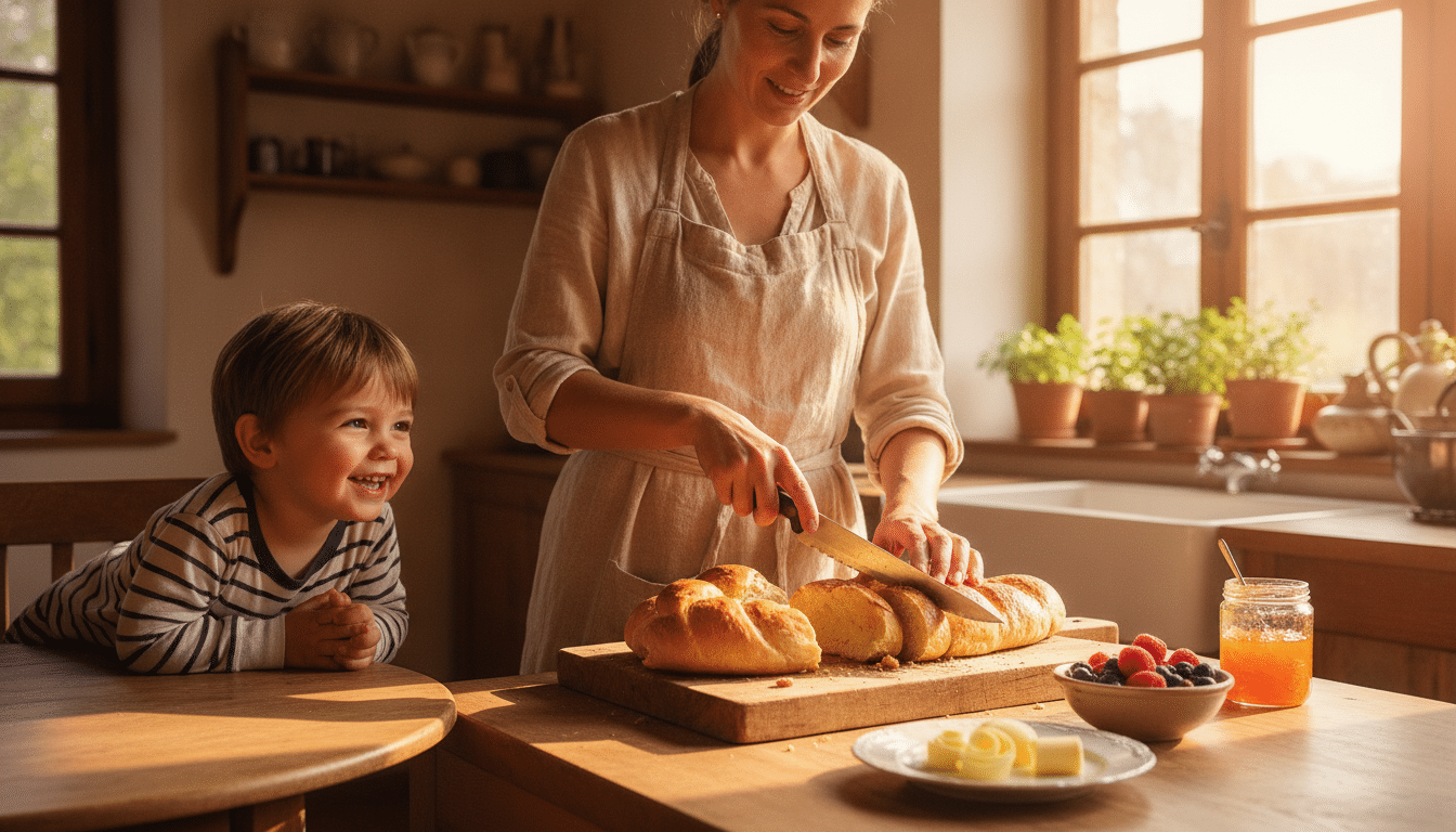 Mère préparant des pains au lait pour le petit-déjeuner de son enfant