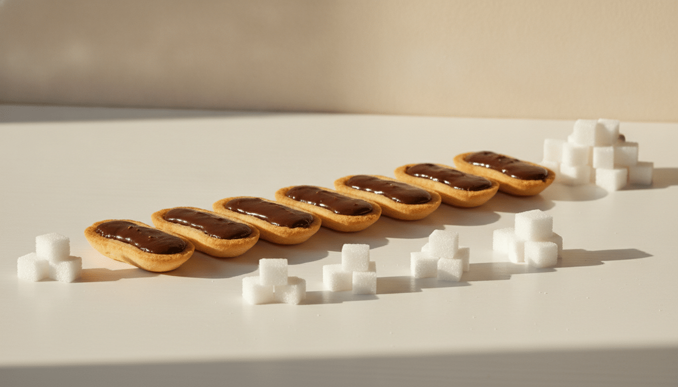 Barquettes au chocolat à côté de morceaux de sucre équivalents