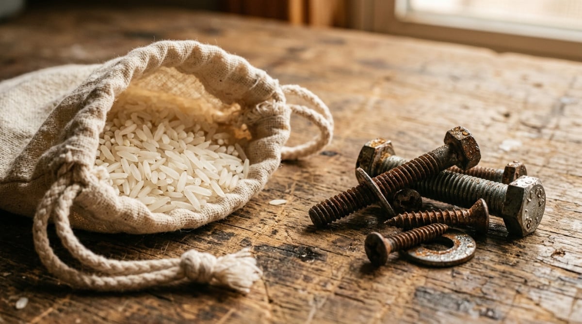 Grains de riz cru à côté de vis légèrement rouillées
