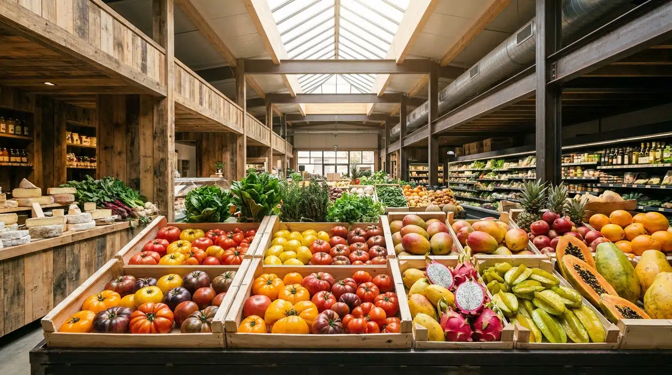 Étal coloré de fruits et légumes frais en magasin