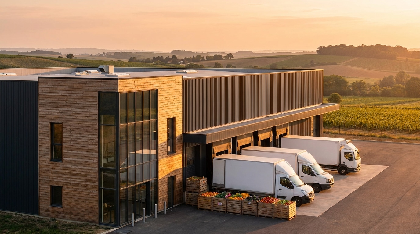 Entrepôt logistique avec caisses de produits frais
