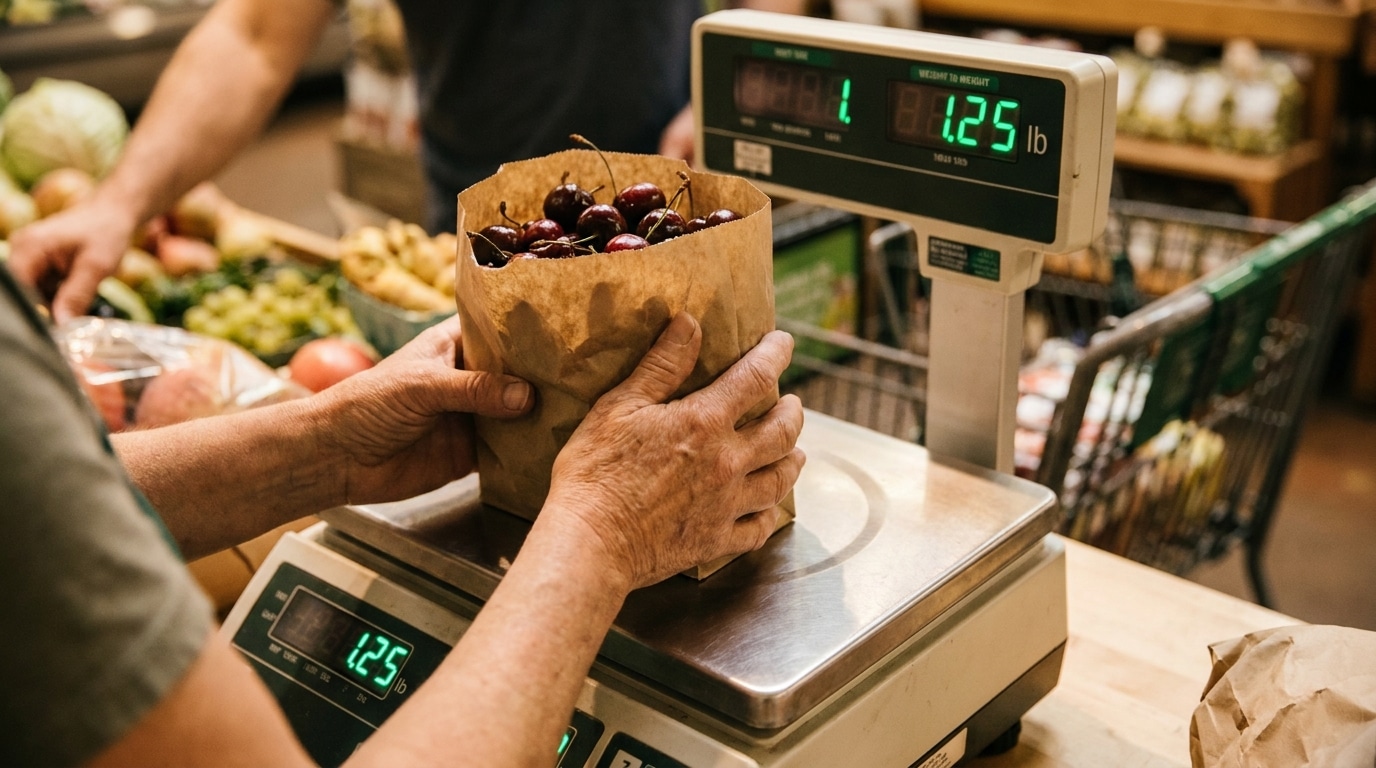 Balance commerciale en caisse pesant un sachet de cerises
