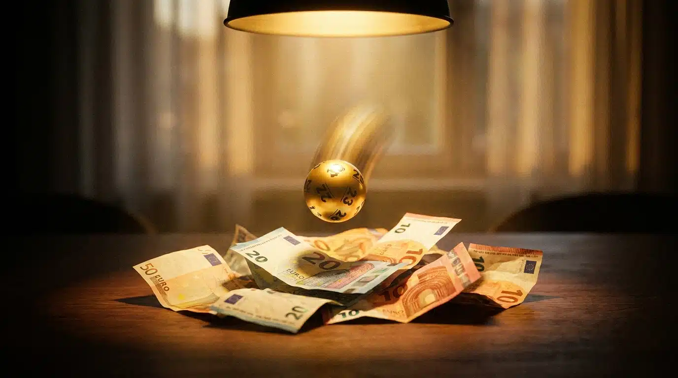 Boule de loto dorée tombant sur des billets en euros