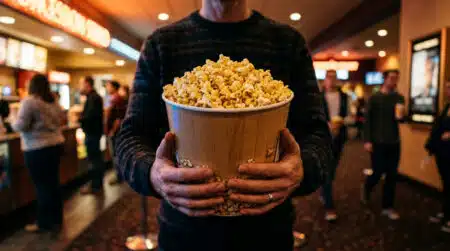 Grand sachet de pop-corn doré dans un cinéma