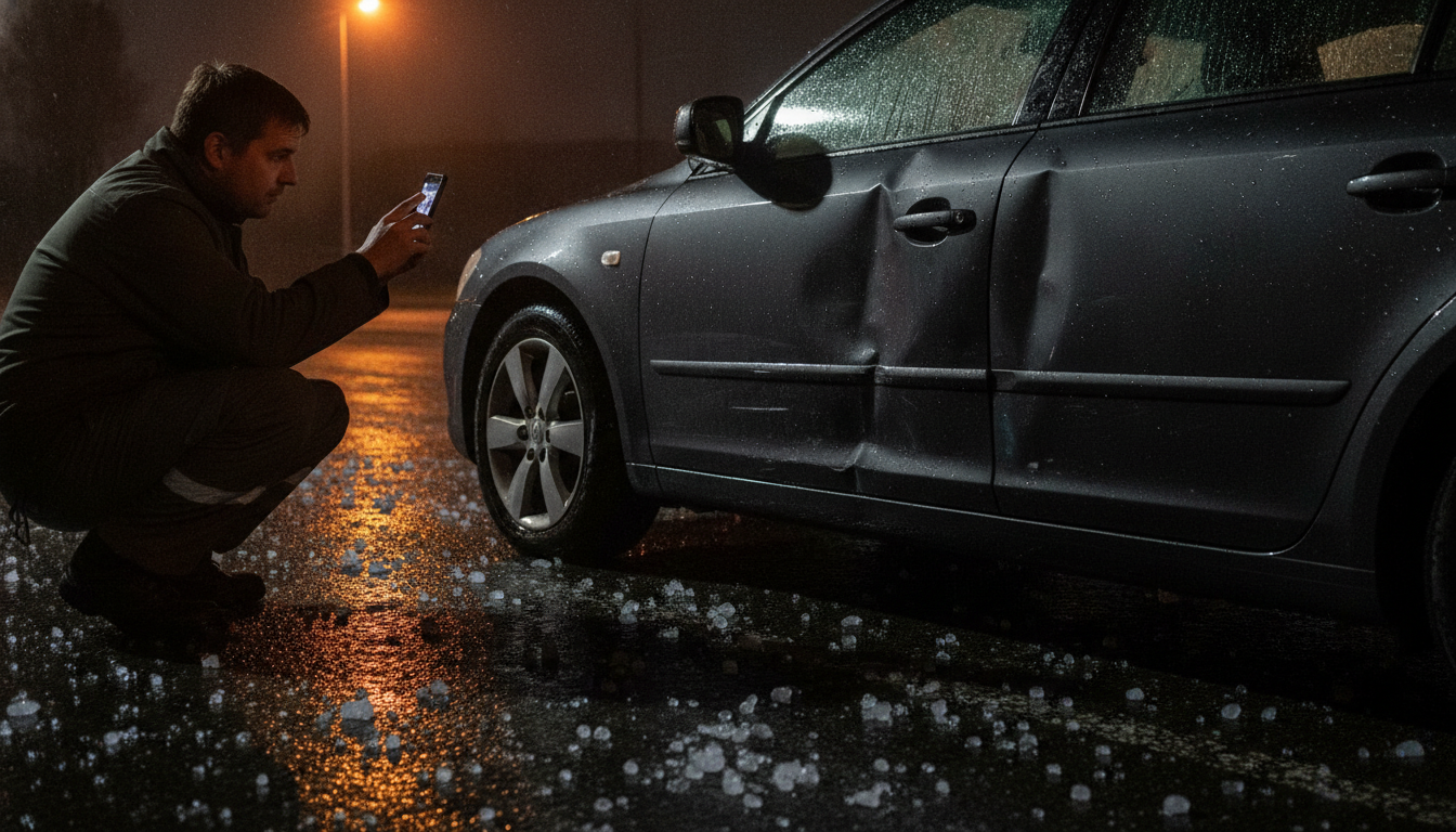 Automobiliste photographiant les dégâts de grêle sur sa voiture
