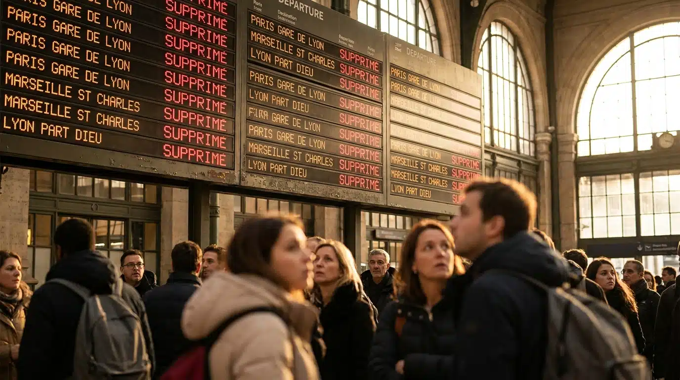 Tableau de départs en gare affichant des trains supprimés