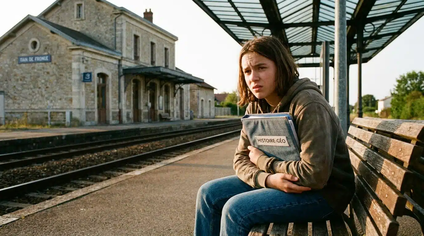 Adolescent inquiet assis sur un quai de gare vide