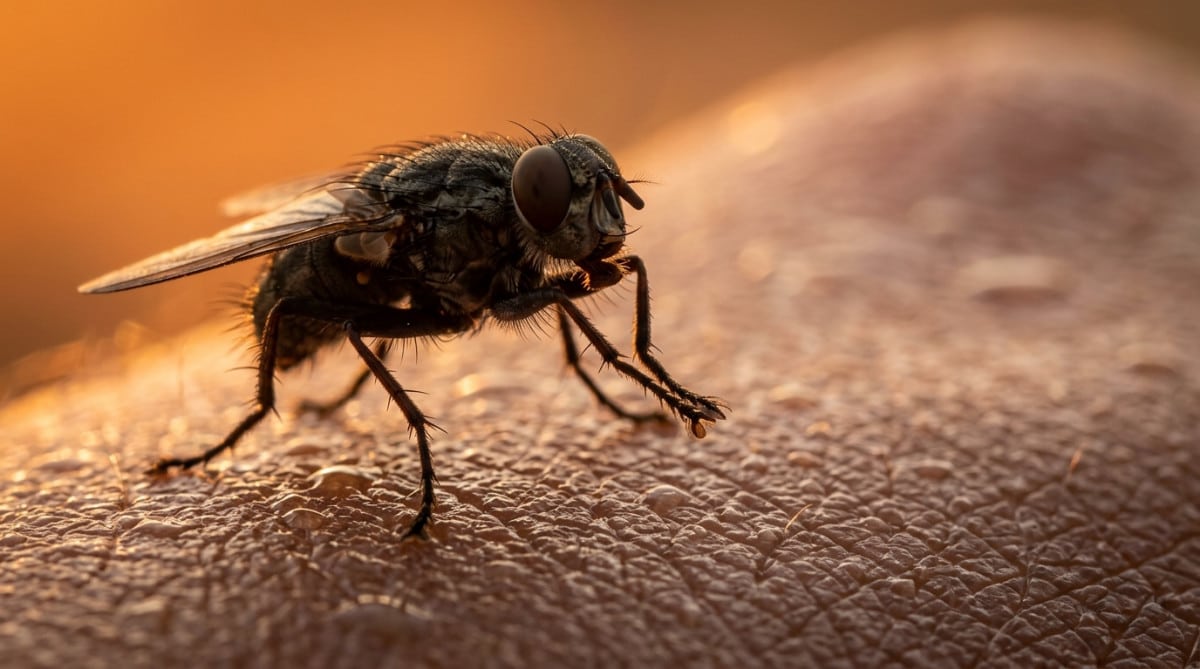 Gros plan macro d'une mouche se frottant les pattes sur de la peau