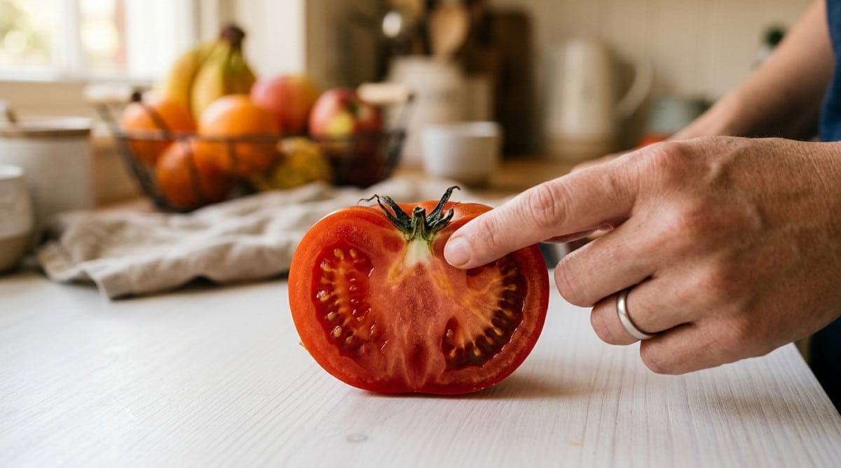 Gros plan sur la cicatrice de tige d'une tomate mûre