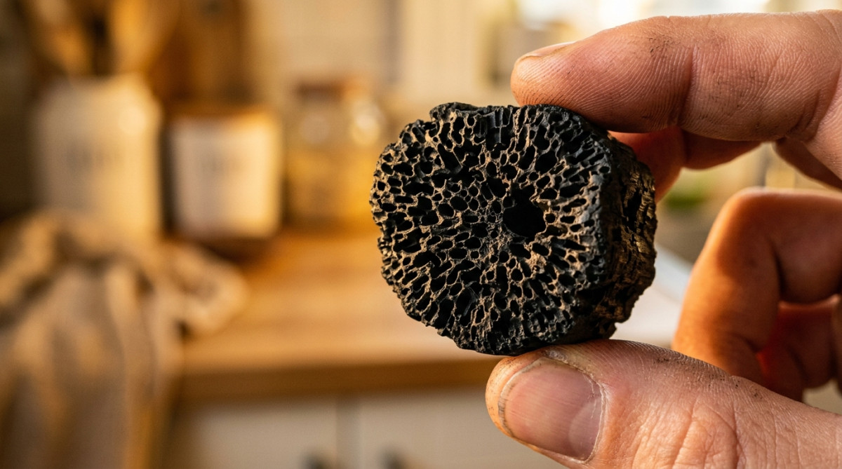 Gros plan sur la surface poreuse du charbon actif