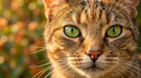 Gros plan sur les pupilles verticales d'un chat