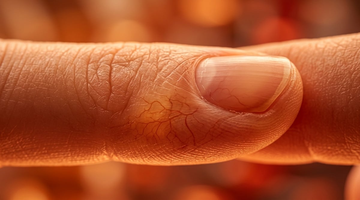 Gros plan sur un doigt montrant la vascularisation sous l'ongle