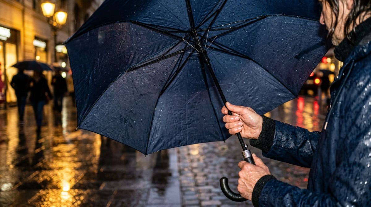 Gros plan sur un parapluie ouvert sous la pluie