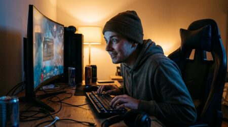 Joueur devant son écran la nuit attendant une précommande