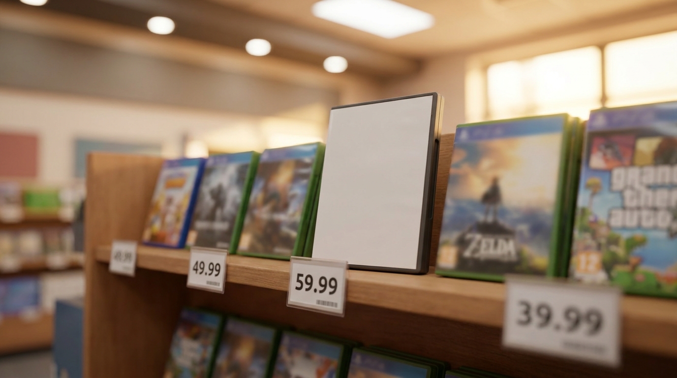 Boîtes de jeux vidéo alignées avec étiquettes de prix en magasin