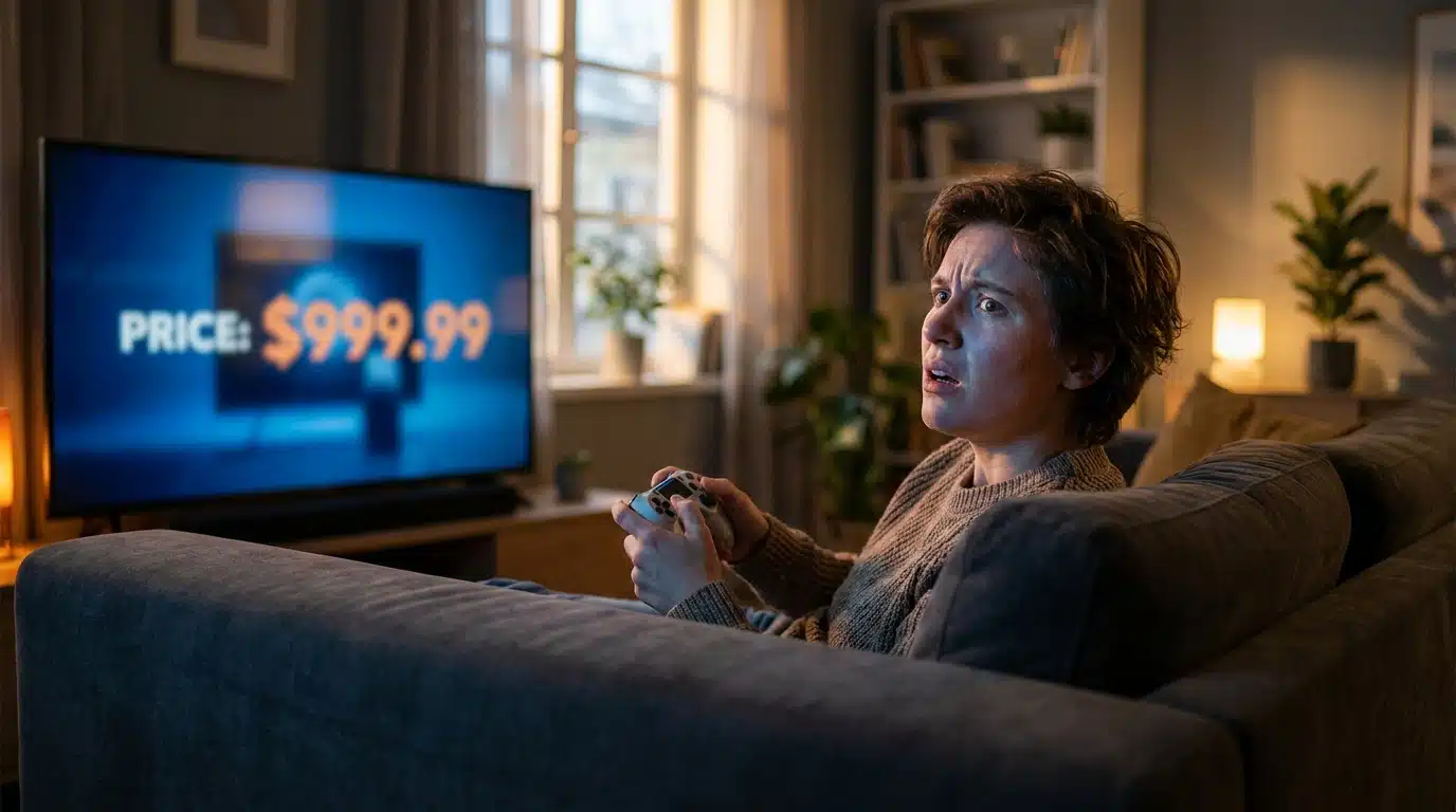 Joueur frustré tenant une manette devant sa télévision