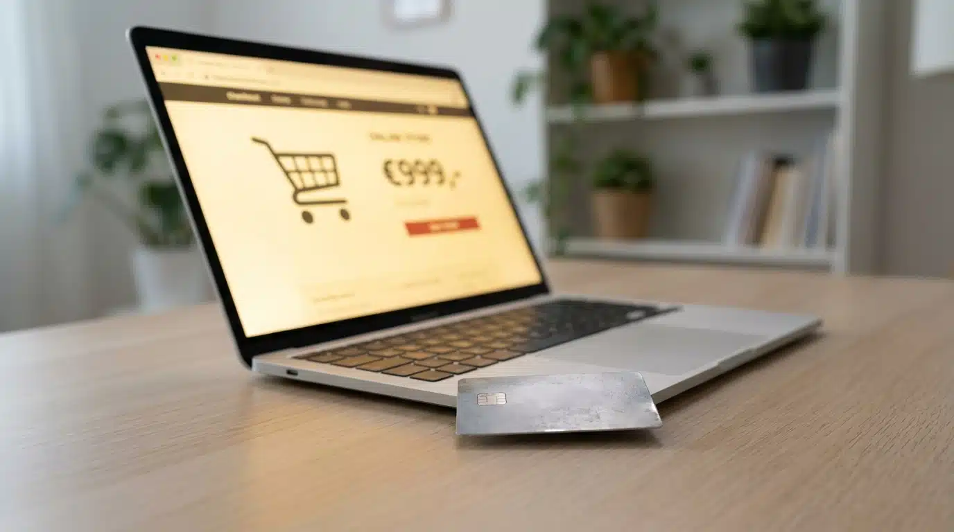 Carte bancaire posée à côté d'un écran d'achat en ligne