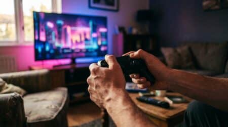 Mains tenant une manette devant un écran aux néons roses
