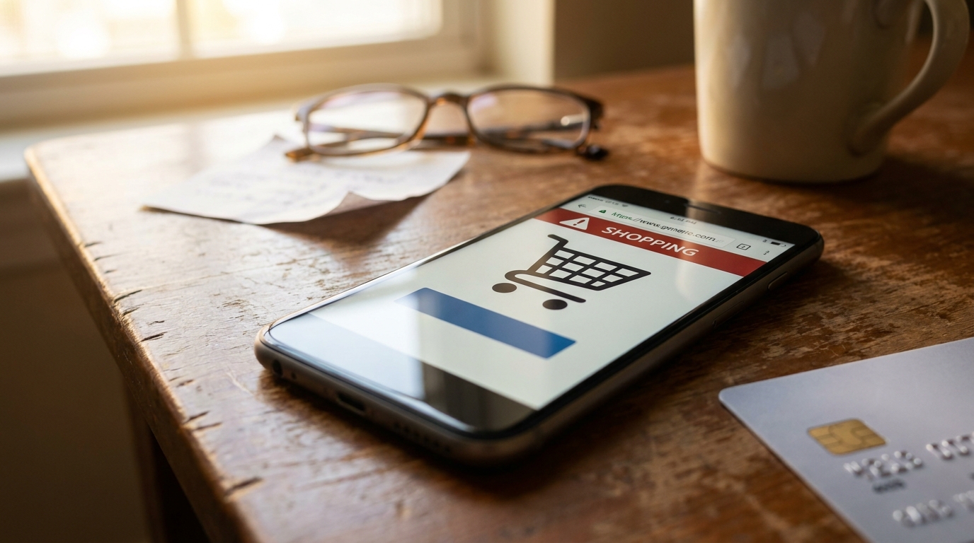 Smartphone affichant un faux site d'achat sur un bureau