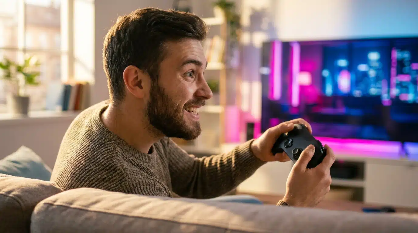 Joueur tenant une manette devant un écran lumineux