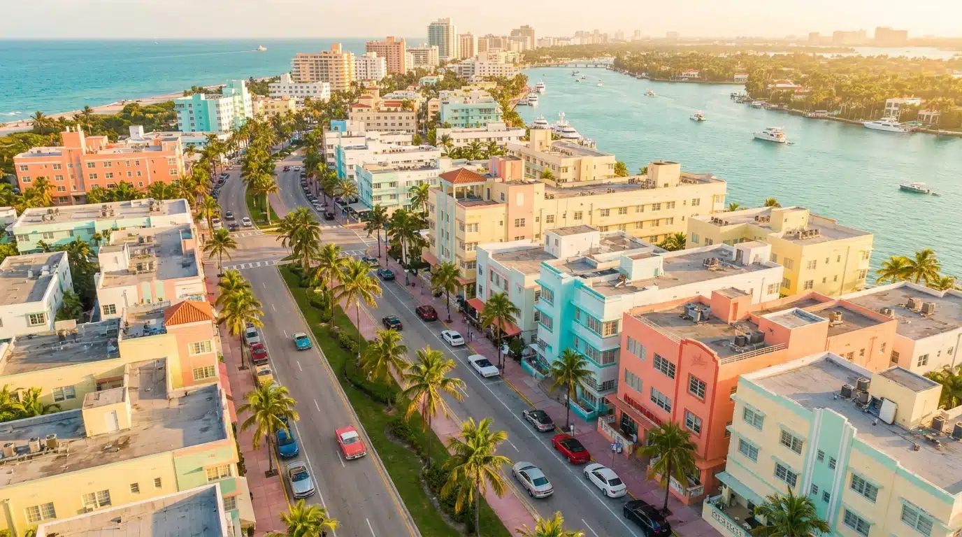 Vue aérienne d'une ville côtière inspirée de Miami