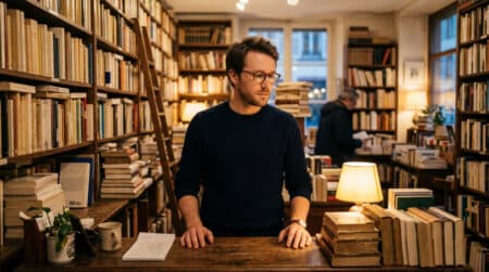 Guillaume libraire derrière le comptoir de sa librairie à Strasbourg