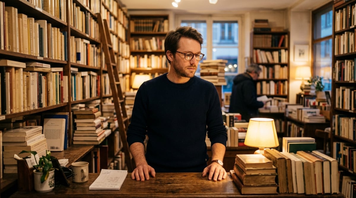 Guillaume libraire derrière le comptoir de sa librairie à Strasbourg