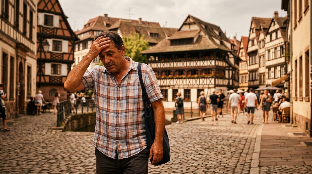 Habitant de Strasbourg essuyant la sueur par forte chaleur