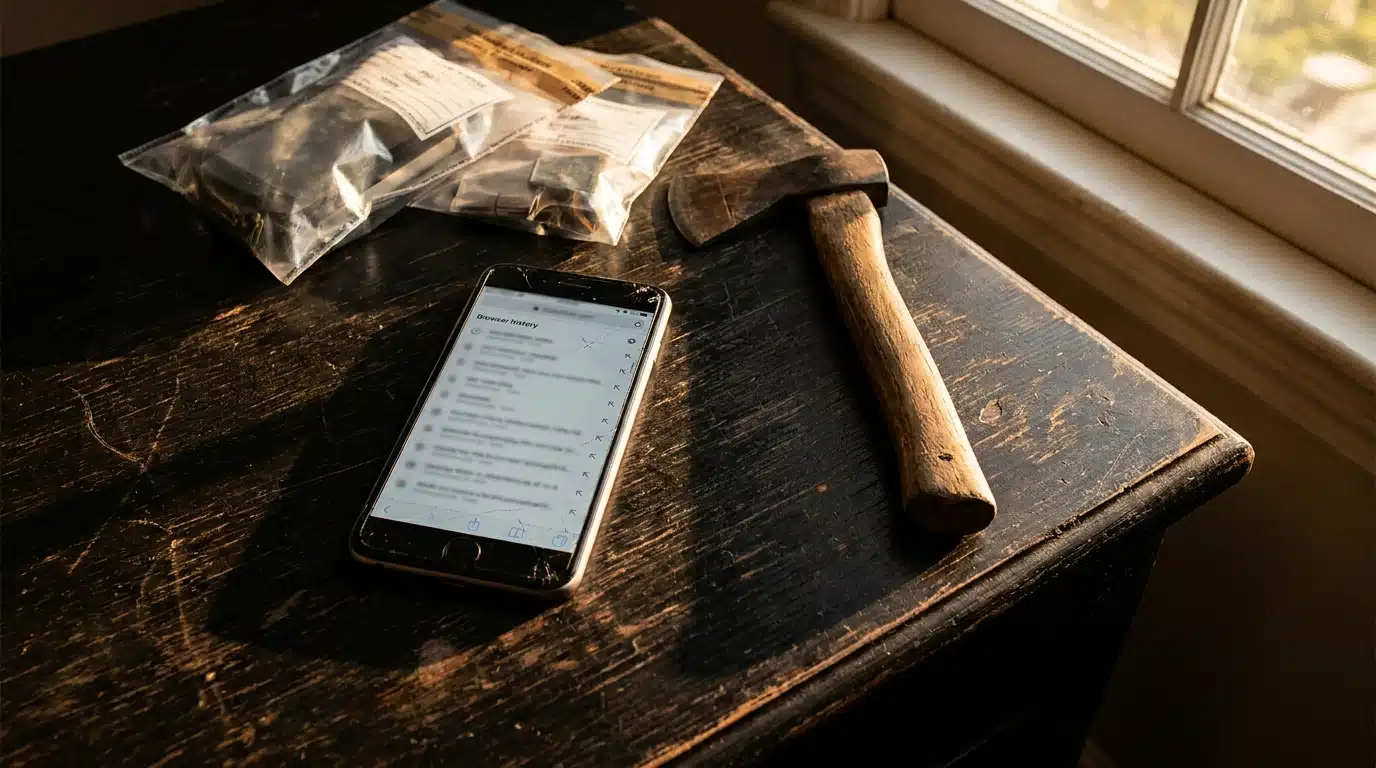 Smartphone et hachette sur un bureau lors d'une enquête