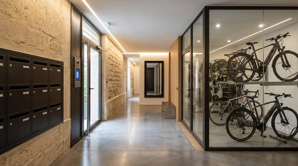 Hall d'immeuble parisien moderne avec digicode et boîtes aux lettres