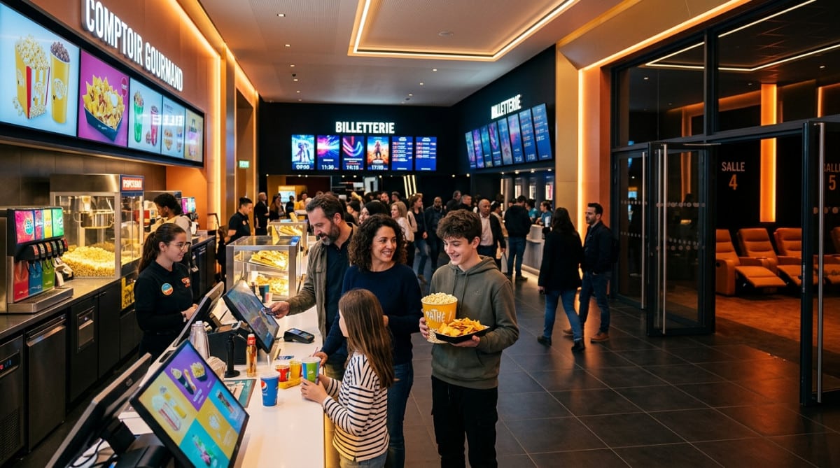 Hall d'un multiplexe français moderne avec stand de pop-corn