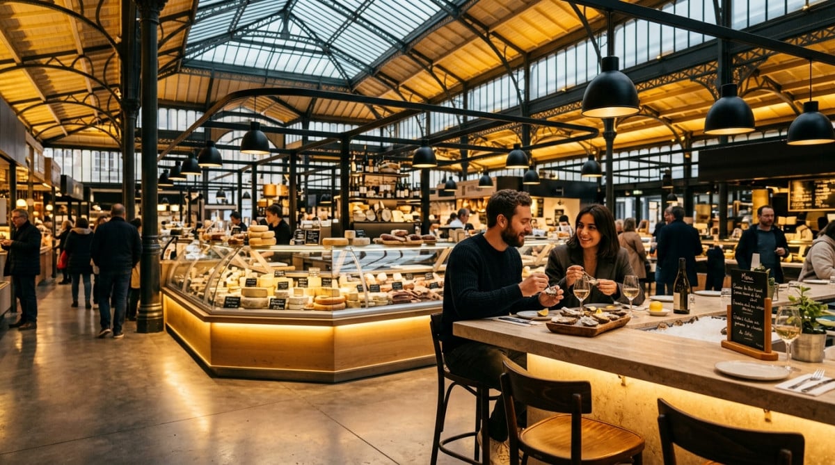 Halle alimentaire française rénovée en 2026 avec comptoirs modernes