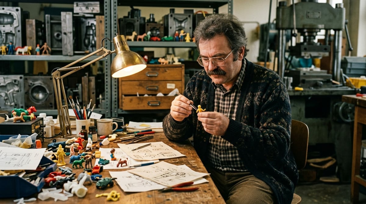 Hans Beck designer Playmobil dans son atelier années 1970
