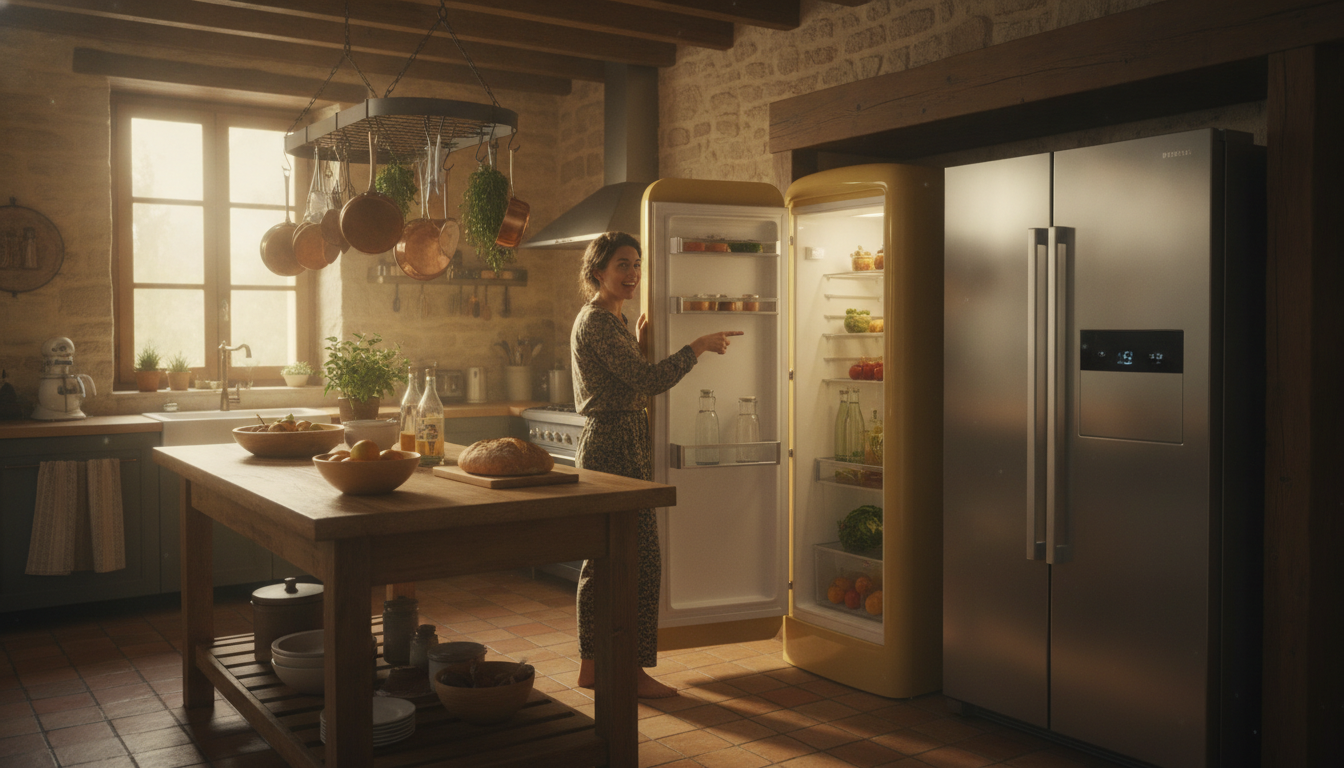 Personne devant un réfrigérateur dans une cuisine française