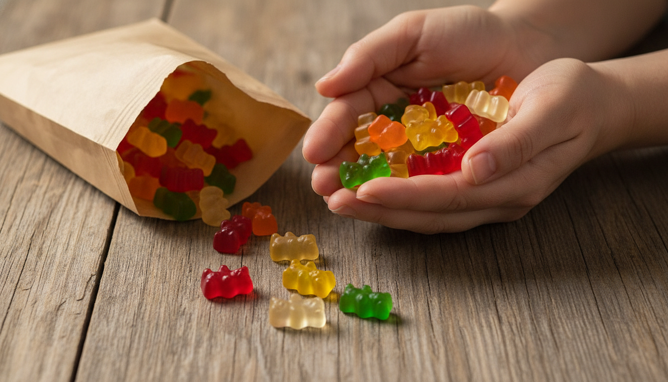 Oursons gélifiés Haribo aux cinq couleurs dans une main