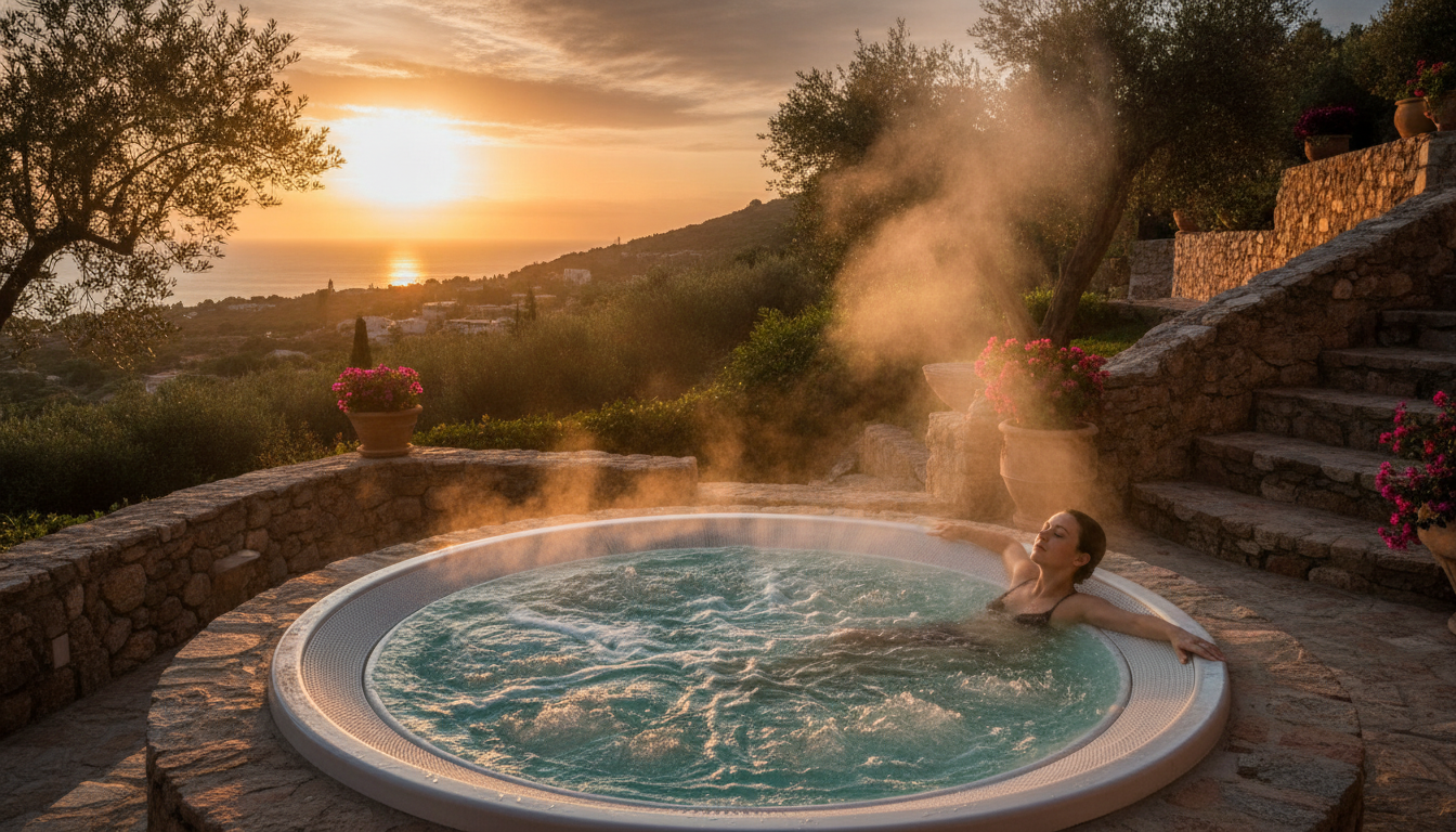 Personne se relaxant dans un jacuzzi au coucher du soleil