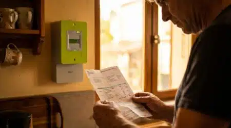 Personne consultant sa facture d'électricité devant un compteur Linky