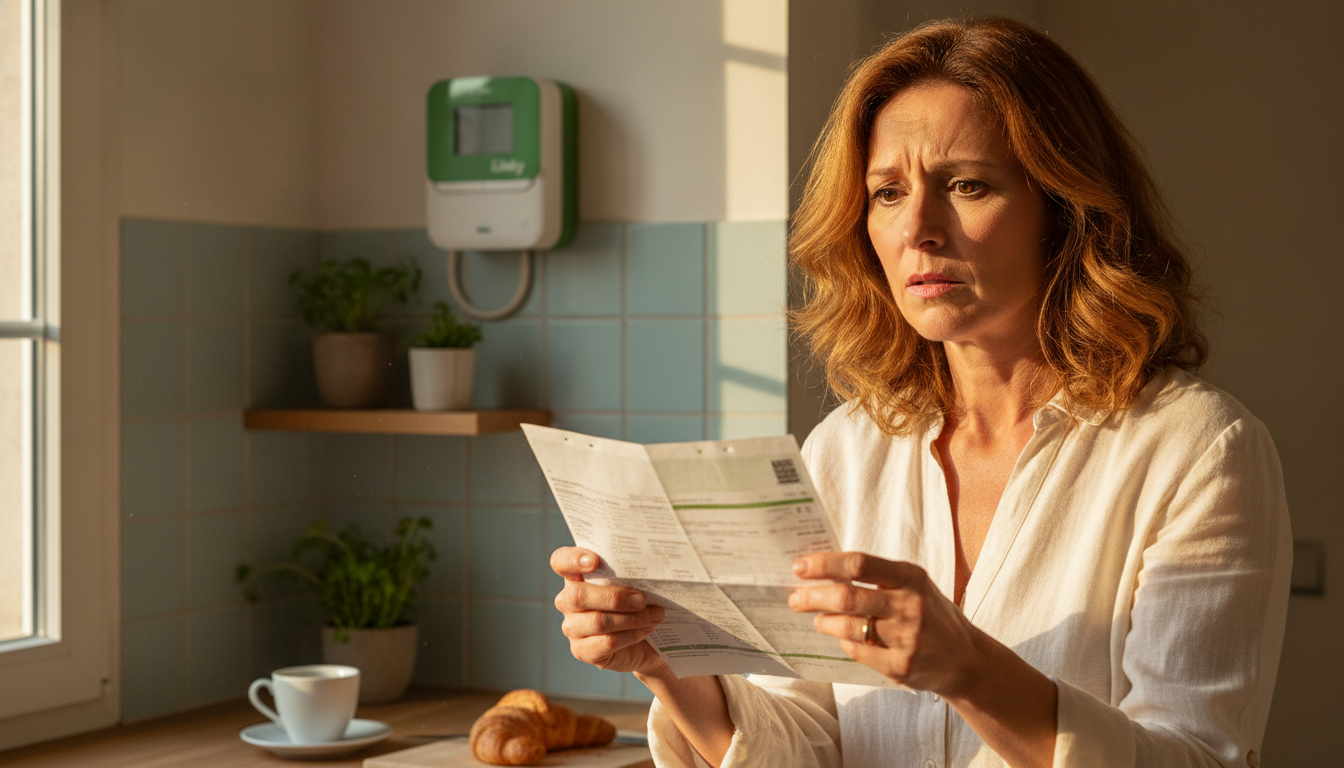 Femme consultant sa facture d'électricité dans sa cuisine