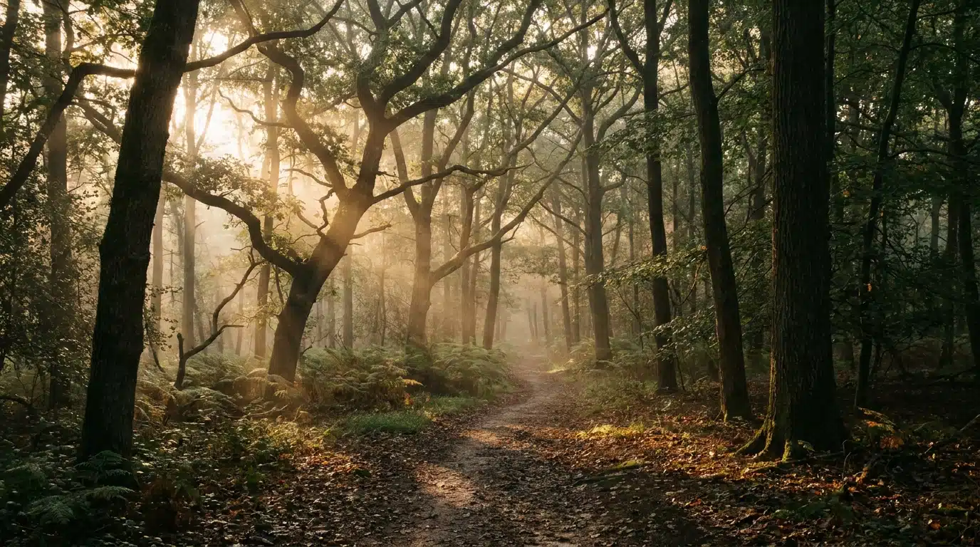 Sentier forestier baigné de lumière matinale en Alsace