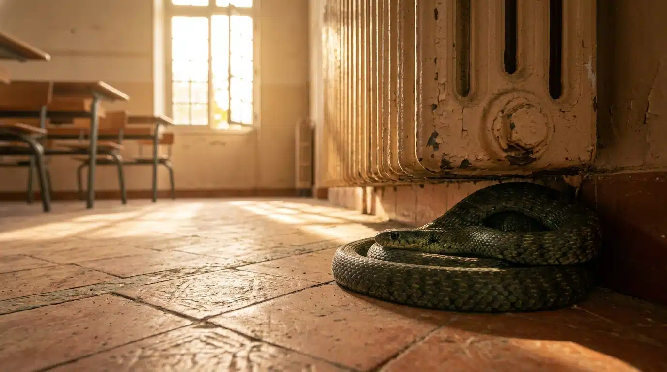 Couleuvre de Montpellier lovée sous un radiateur de salle de classe