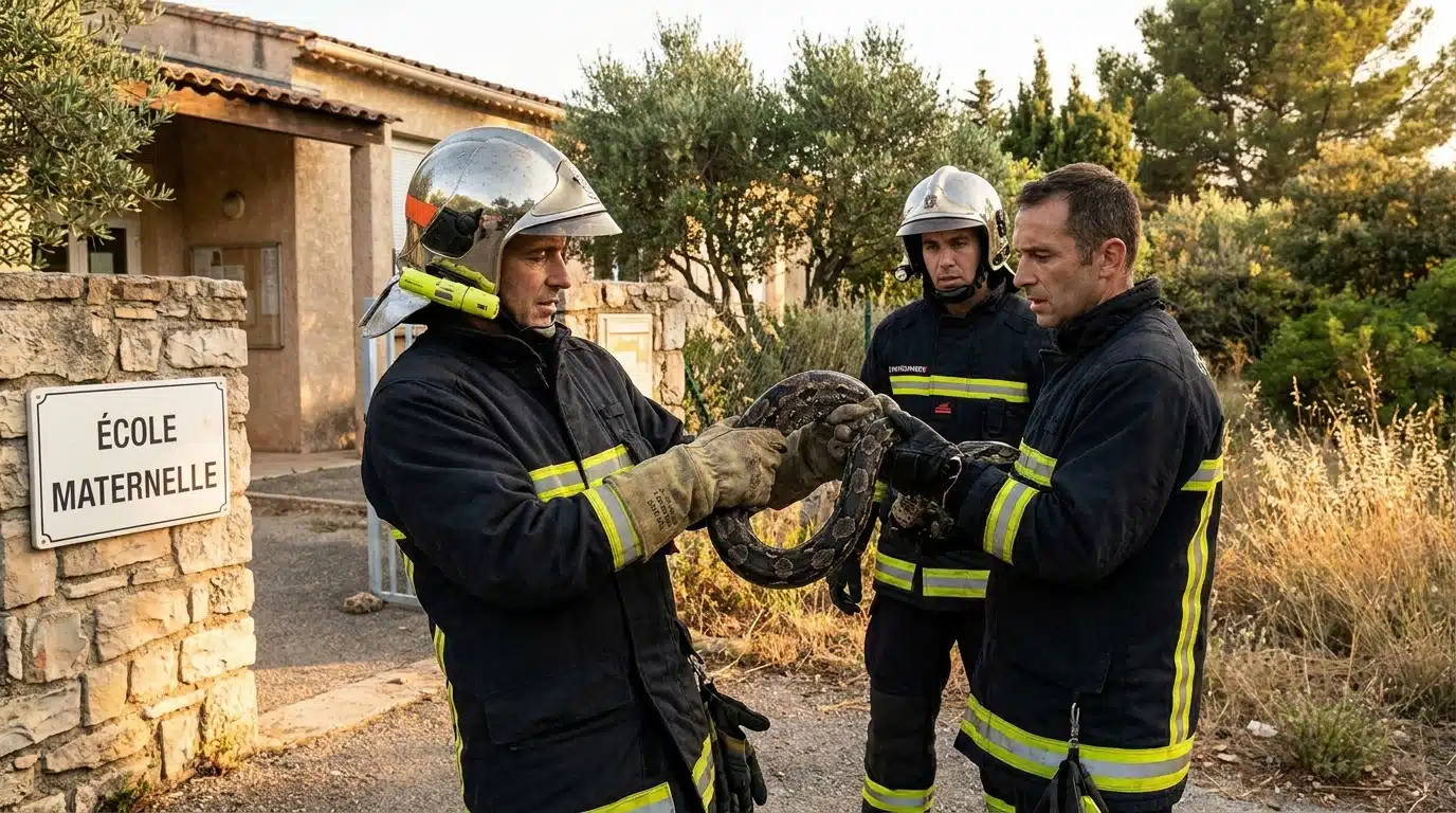 Pompiers récupérant un serpent devant un établissement scolaire