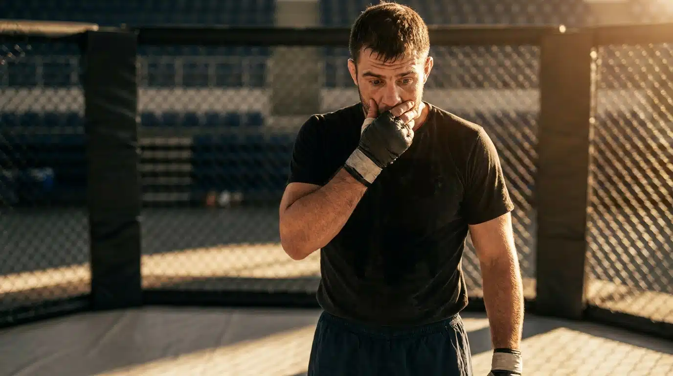 Combattant MMA seul dans un octogone vide, visage grave