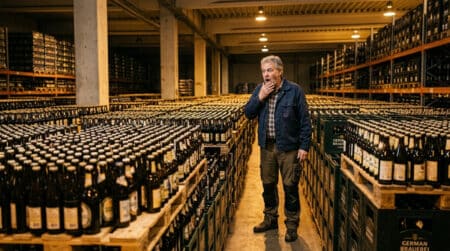 Homme choqué devant des palettes de bières invendues en Allemagne