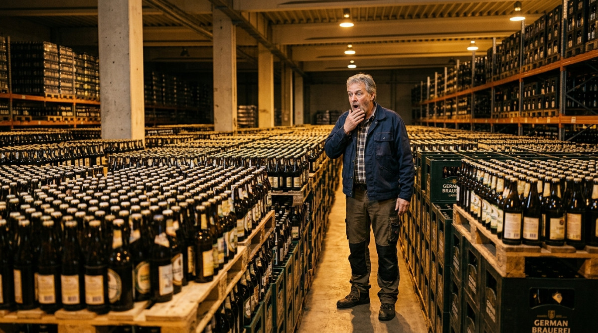 Homme choqué devant des palettes de bières invendues en Allemagne